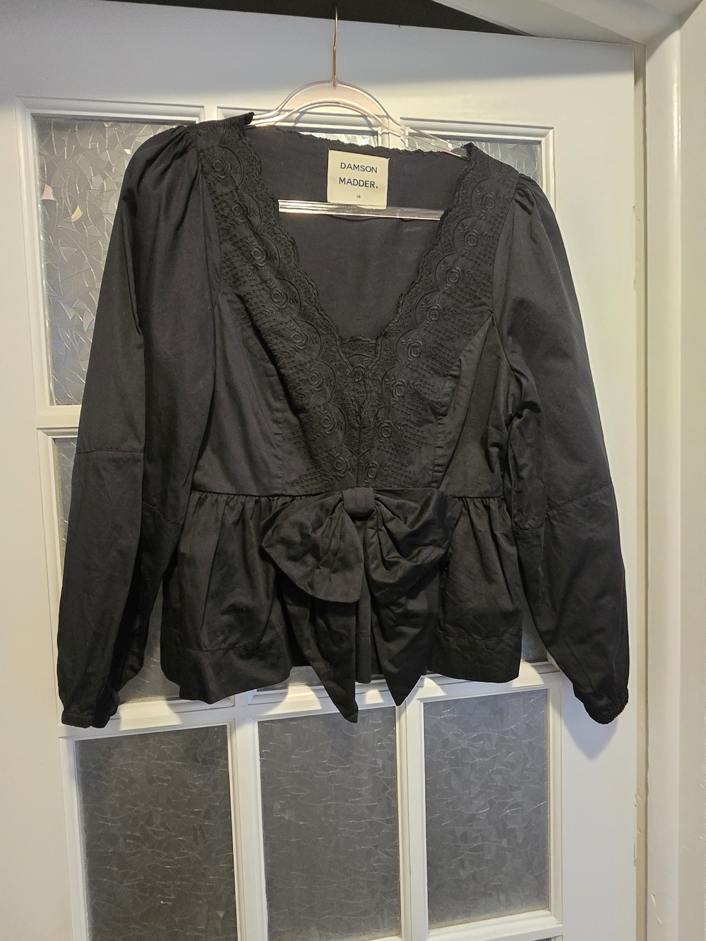 Damson Madder Black Lace and Bow Peplum Top